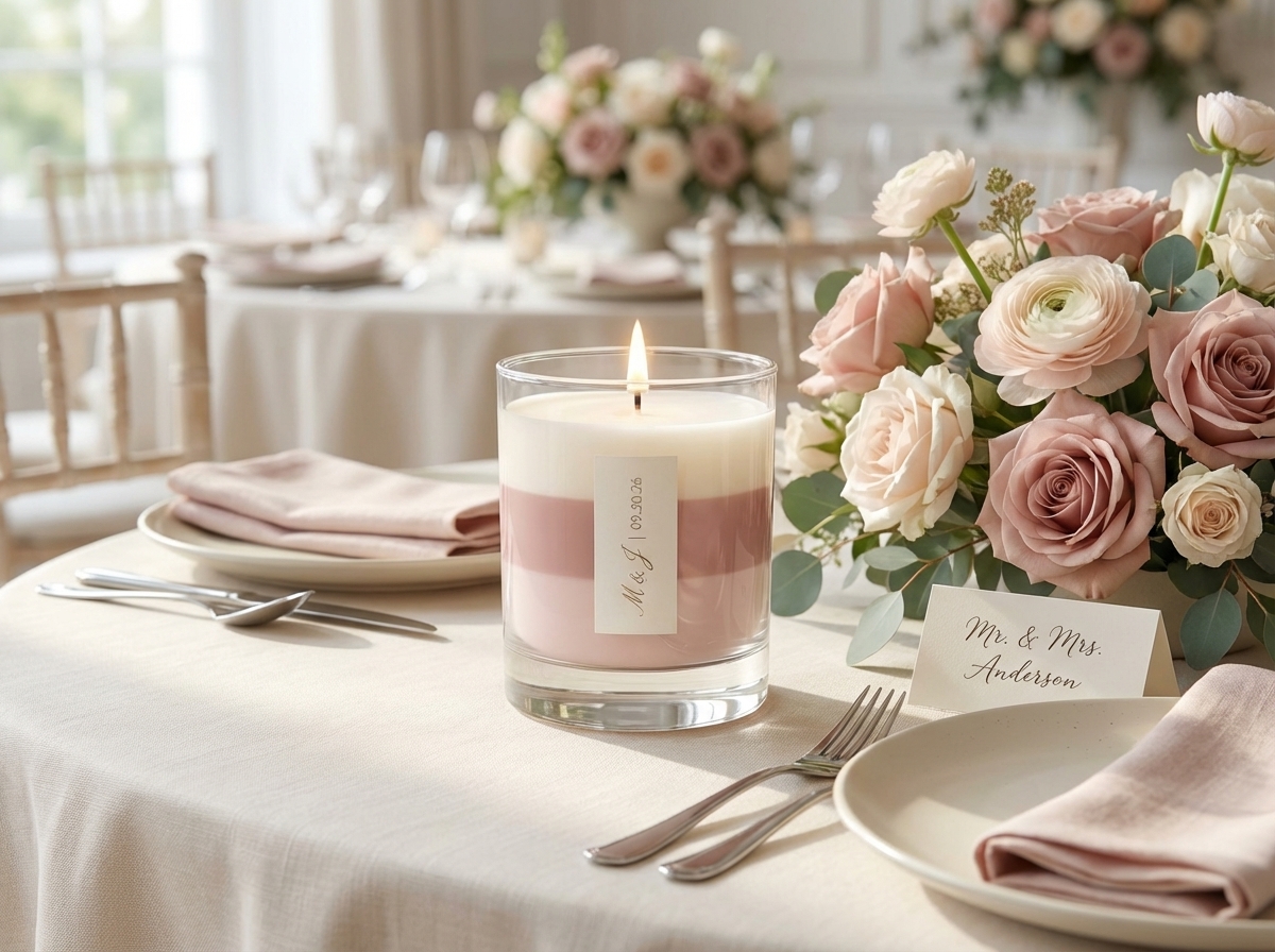 Styled wedding favor candle sample with soft florals and ribbon.
